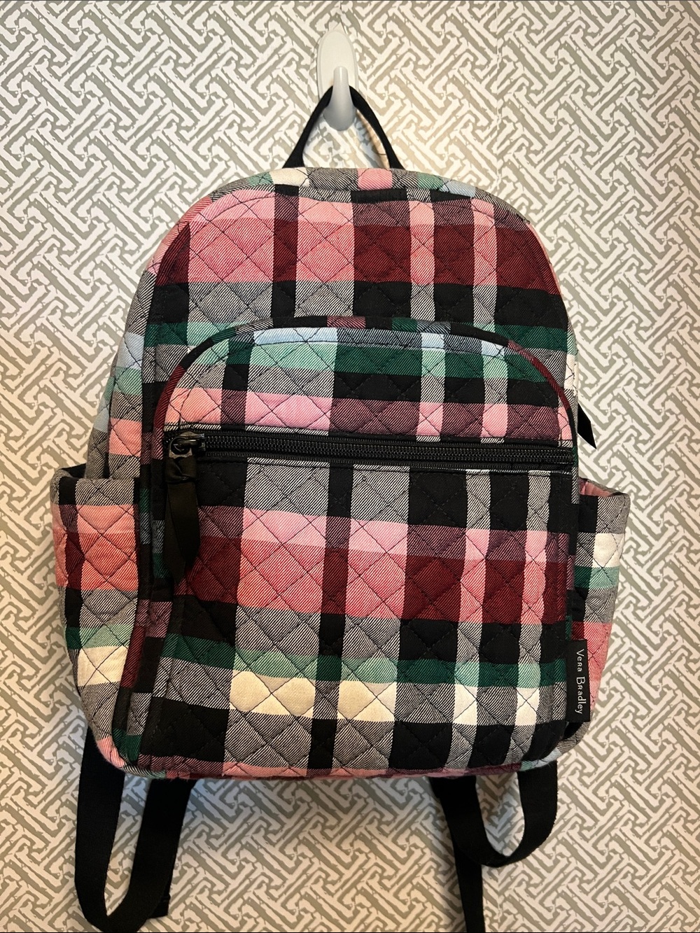 Vera Bradley Campus Quilted Plaid Mini Backpack in Pink, Green & Black